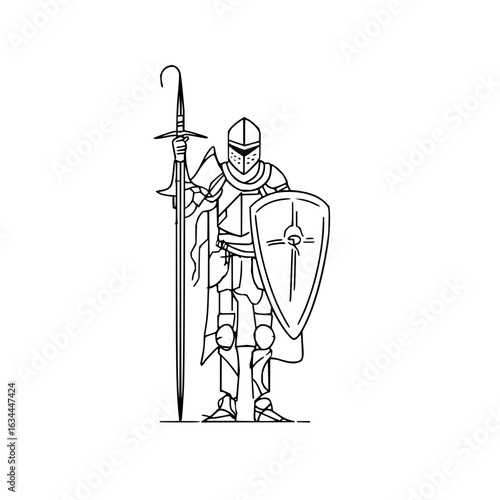 Vector illustration of a knight in full armor holding a sword and shield in a black and white drawing style minimilist