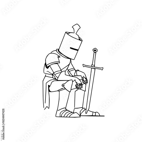 Vector a line drawing of a seated knight in armor with a sword standing beside him, looking dejected and tired minimilist