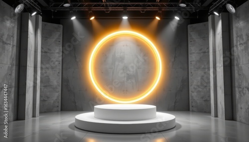 Cinematic presentation of sculpted white cylinder with illuminated halo studio setting photography modern design