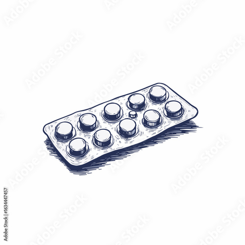 Blister pack with missing pills showing empty slots in packaging. Blister pack contains several tablets, emphasizing health and wellness. Concept of medication compliance and health awareness.