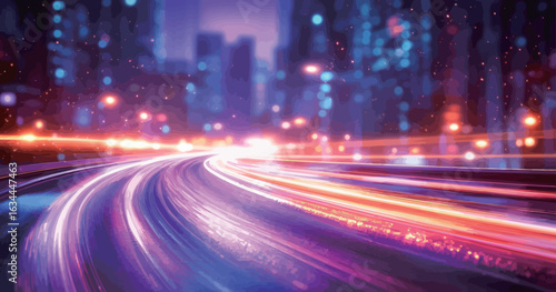 A city skyline is lit up with neon lights and the road is filled with cars. The city appears to be in the middle of a busy night, with the lights from the cars and buildings creating a vibrant