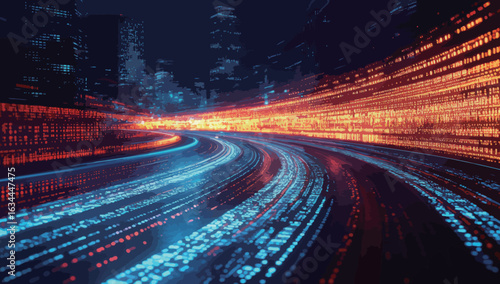 A city skyline is lit up with neon lights and the road is filled with cars. The city appears to be in the middle of a busy night, with the lights from the cars and buildings creating a vibrant