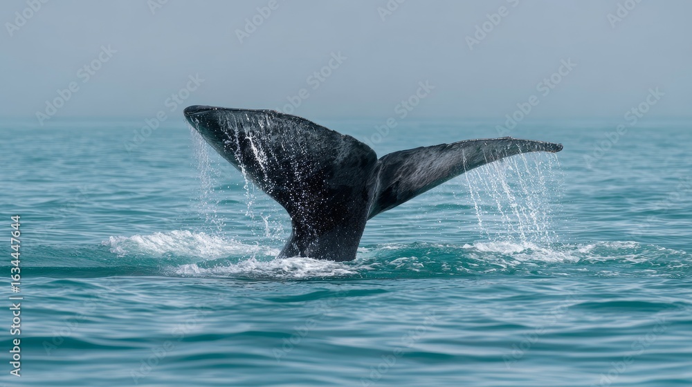 Fototapeta premium Whale tail rises from the water droplets cascade from the dark gray fin clear blue sea muted sky