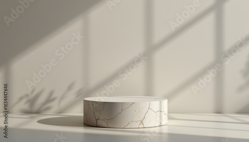 Minimalist textured cylinder podium in bright room creative display artistic environment central view