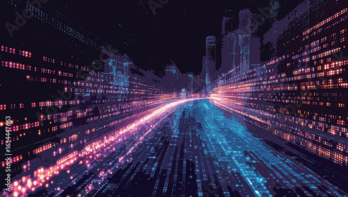 A city skyline is lit up with neon lights and the road is filled with cars. The city appears to be in the middle of a busy night, with the lights from the cars and buildings creating a vibrant