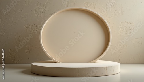 Elegant minimalist beige oval shape display modern design studio photography calm environment close-up view