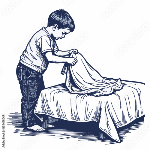 Young boy folding laundry on bed with white blanket in a cozy setting. This scene captures young helpers tidying up and engaging in household chores, highlighting responsibility and nurturing skills.