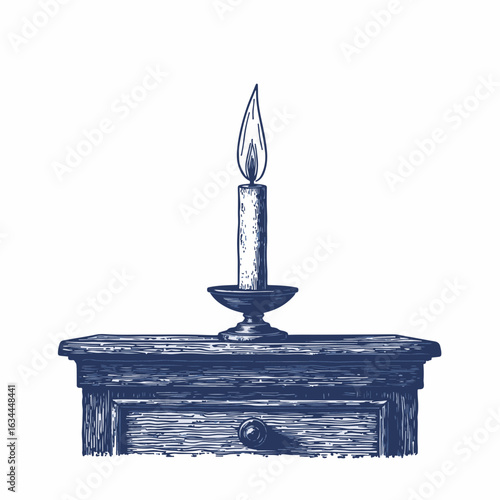 Candle burning on wooden dresser with flame illuminating dark space. Cozy atmosphere created by candlelight enhances home decor, bringing warmth and tranquility to any room.