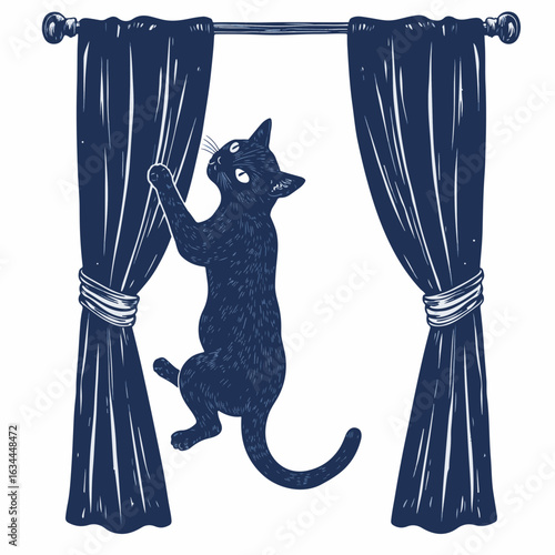 Playful cat climbing curtains in home setting with elegant drapery. Cat enjoys playful activity while climbing shiny fabric hung on rod. Concept of playful cat behavior in domestic environment.