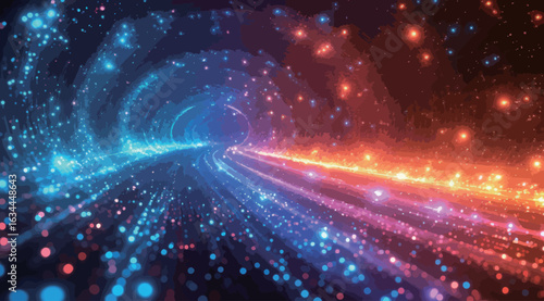 A bright blue line of light with a lot of sparkles. The sparkles are blue and yellow, creating a sense of movement and energy. The line of light seems to be moving through space