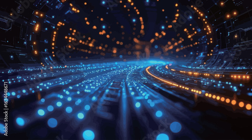 A bright blue line of light with a lot of sparkles. The sparkles are blue and yellow, creating a sense of movement and energy. The line of light seems to be moving through space