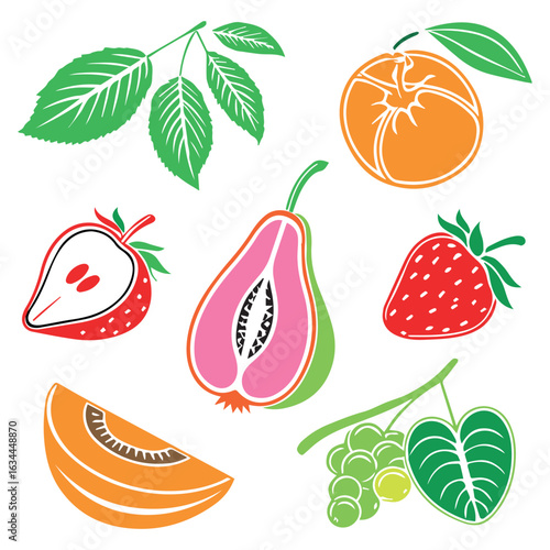 A vibrant collection of freshly drawn fruits including strawberries pears oranges melon and grapes with green leaves