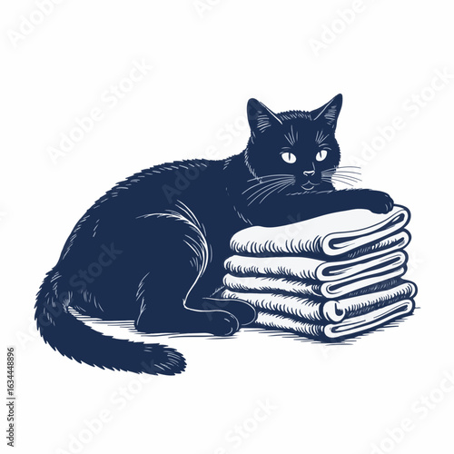 Cat resting on folded laundry pile with neatly stacked towels. Cat lies on soft laundry fabric, showcasing playful behavior while resting. Concept of cozy home life featuring cat and laundry.