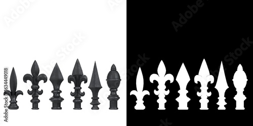 3D rendering illustration of a set of cast iron fence finials