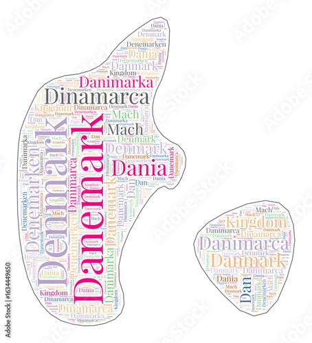 Denmark shape filled with country name in many languages. Denmark map in wordcloud style. Appealing vector illustration.