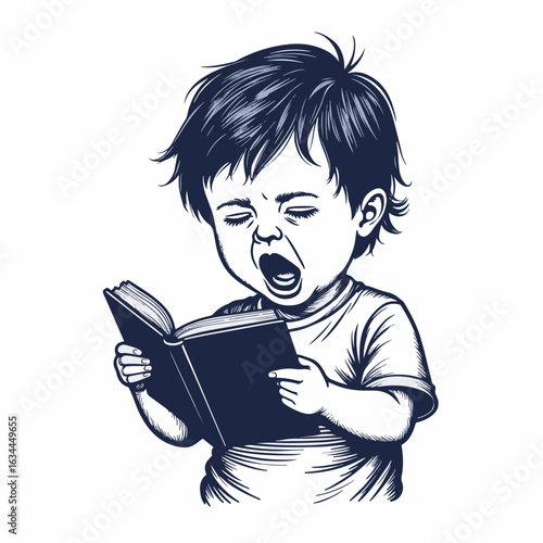 Child yawning while holding a book with playful expression, the child looks tired yet engaged in reading. This scene captures the joy of storytelling,