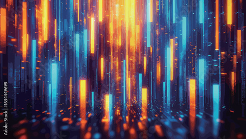 A colorful, abstract image with orange, blue, and yellow stripes. The image is full of energy and movement, with the colors blending and overlapping in a dynamic way. Scene is one of excitement