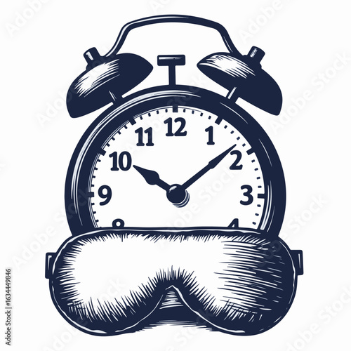 Classic alarm clock with sleeping mask in front showing time for rest and relaxation. Alarm clock displays traditional face and hands with a cozy sleeping mask underneath,
