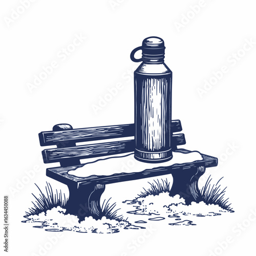 Coffee thermos on snowy bench in winter scenery. Winter scene includes rustic wooden bench and thermos, surrounded by soft snow and grass. Concept coffee thermos captures cozy moments in winter.