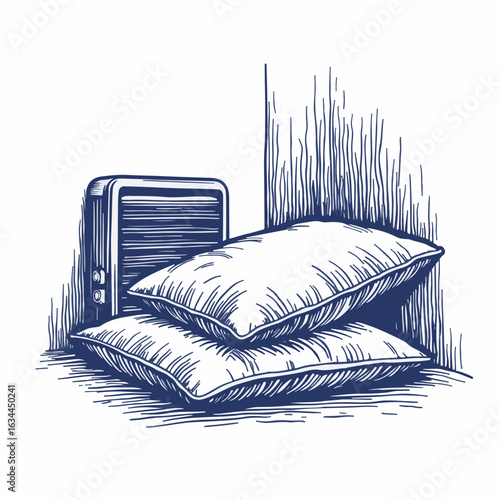 Cozy pillows near space heater for warm atmosphere in a living room. Comfortable pillows stacked next to space heater add warmth and relaxation to home environment.