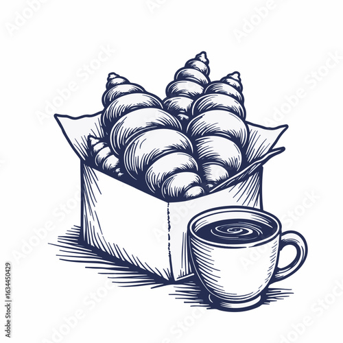 Delicious croissants in paper bag with warm coffee cup beside. Croissants are freshly baked and serve as an ideal pairing with comforting coffee. Perfect choice for cafes and breakfast menus.