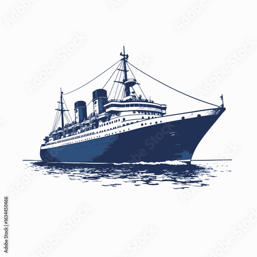 Vintage cruise ship illustration on ocean water, showcasing classic design with multiple smokestacks and elegant hull.