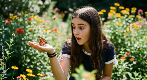 A moment of pure wonder as a surprised teenage girl discovers a monarch butterfly landing on her hand in a vibrant summer garden.