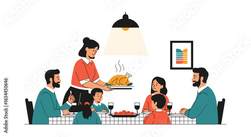 Family gathering around the table enjoying a delicious roasted turkey dinner together