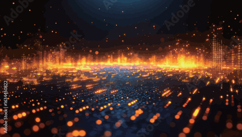 A cityscape with a lot of lights and a lot of fire. The fire is orange and the lights are bright