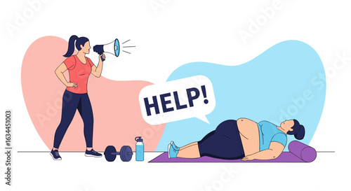 Personal trainer motivating client through difficult workout session to achieve fitness goals and improve health