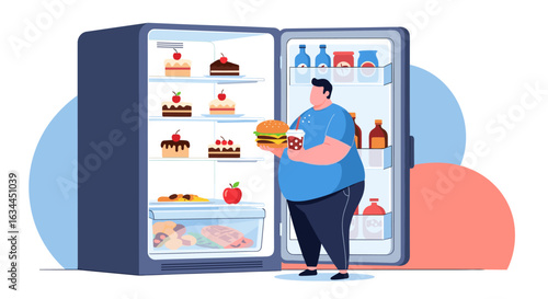 Overweight man choosing unhealthy food from open refrigerator filled with sweets and fast food options