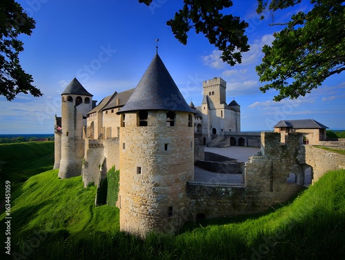 Majestic Medieval Castle on Verdant Hillside under a Vivid Blue Sky Stone Walls Towers Green Grass Ancient Architecture