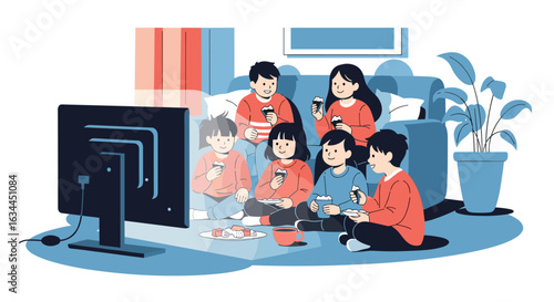 Diverse group of children enjoying a movie night together indoors