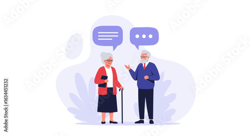 Elderly couple engaged in a lively conversation sharing thoughts and ideas with speech bubbles above them