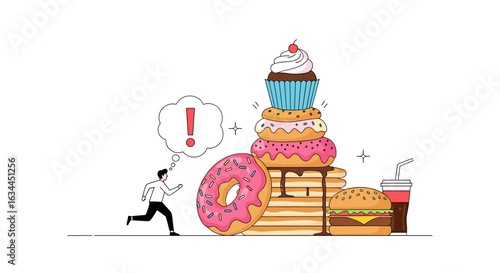 A person running away from a large pile of unhealthy junk food like donuts pancakes burgers and cupcakes