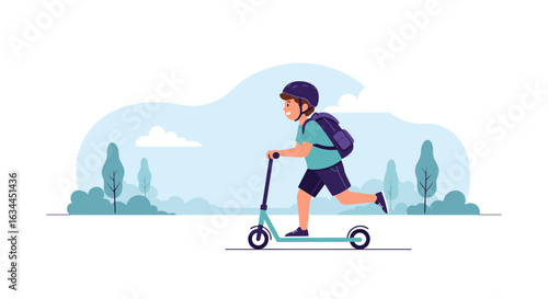 Young boy enjoys a fun ride on his kick scooter in a park with trees and bushes in the background during daytime