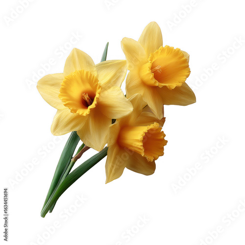 Three vibrant yellow daffodils with green leaves, isolated on a white background, showcasing the beauty and freshness of spring flowers.