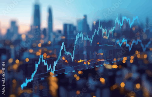 A graph of stock prices is displayed on a screen with a city in the background. The graph shows a downward trend, indicating a potential decline in the stock market. Scene is somewhat ominous