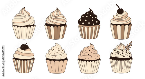 Collection of deliciously decorated sweet cupcakes with creamy frosting and toppings for celebrations and parties