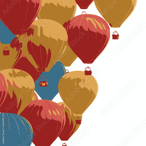 A vibrant illustration of colorful hot air balloons floating together, symbolizing travel, adventure, and freedom. Vector background design.