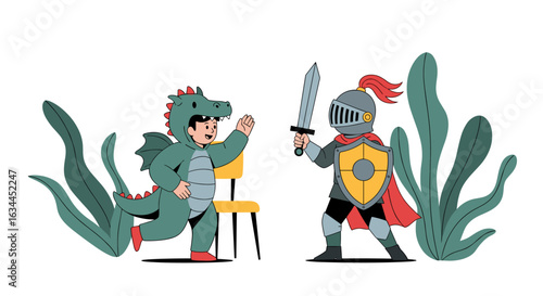 Young knight in armor with sword and shield faces friendly dragon costume character in playful outdoor scene