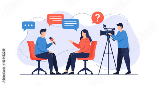 Journalists conduct an interview with a person in front of a video camera