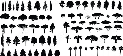 Tree silhouettes collection, black tree icons, forest illustration set, tropical and deciduous tree shapes, landscape design elements, tree vector pack, editable silhouette art