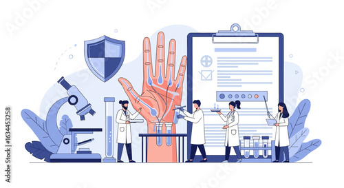Medical researchers examining a human hand with advanced technology and scientific equipment for innovative treatment development