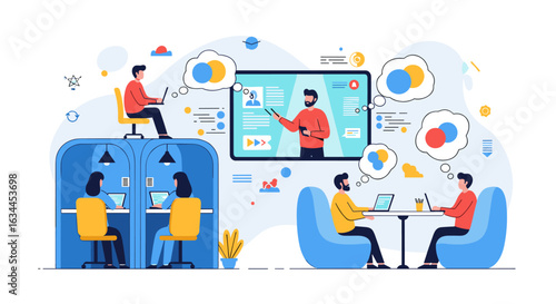 Diverse group collaborating and learning together in a modern office space promoting teamwork and knowledge sharing