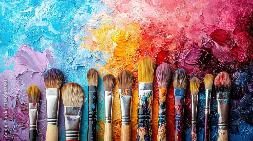 Fototapeta premium Creative Workspace with Paintbrushes, Paints and Blank Canvas on Easel – Organized Inspiring Art Studio Scene for Illustration Backgrounds, Tutorials, Promotional Materials, Web and Social Media