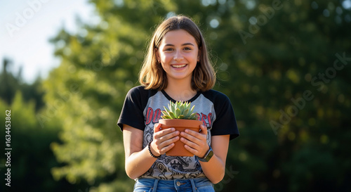 Portrait of a smiling teenage girl lovingly holding a small succulent plant in a clay pot outdoors
