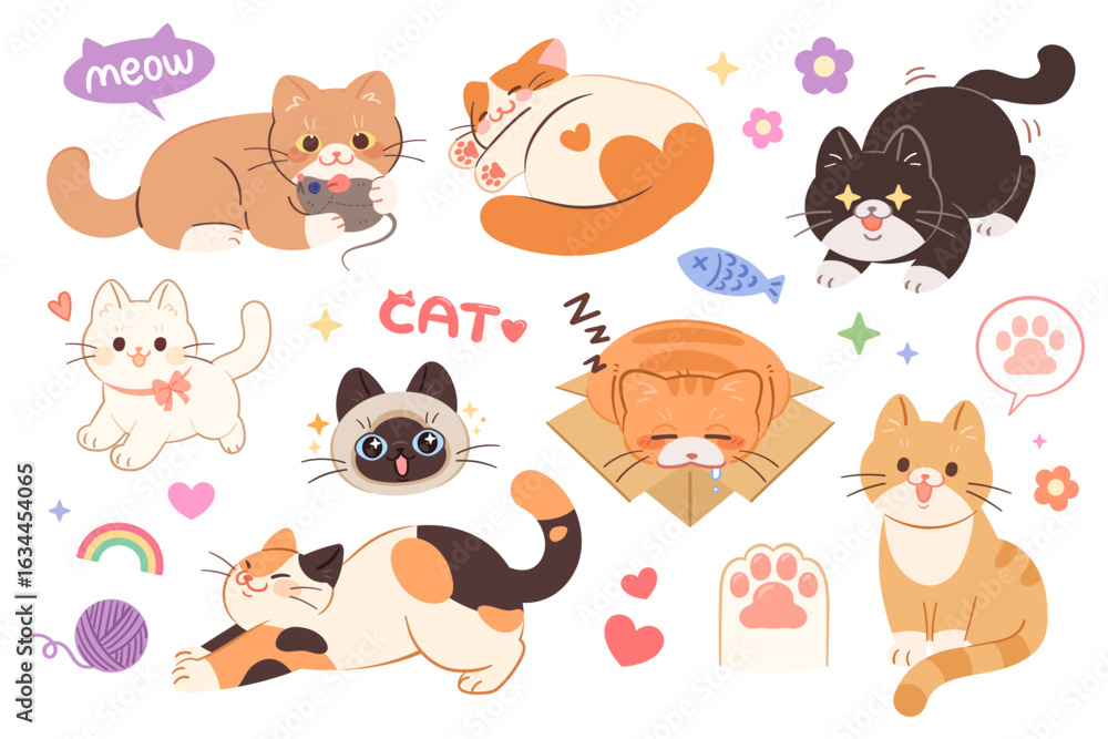 Fototapeta premium A set of cute cat illustration stickers. Cats in various poses.