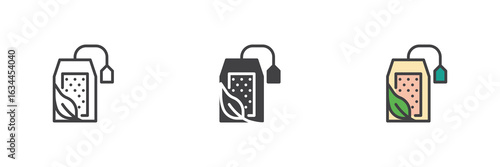 Teabag icon set in line, solid and filled outline style