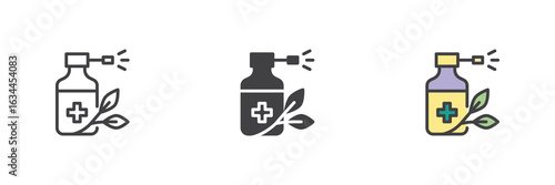 Medicine sprayer bottle icon set in line, solid and filled outline style